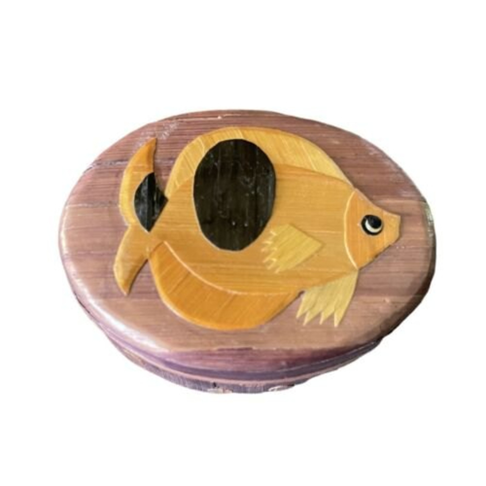 Antique Chinese Wood & Bamboo Straw Marquetry Koi Fish Oval Trinket Sewing Box
